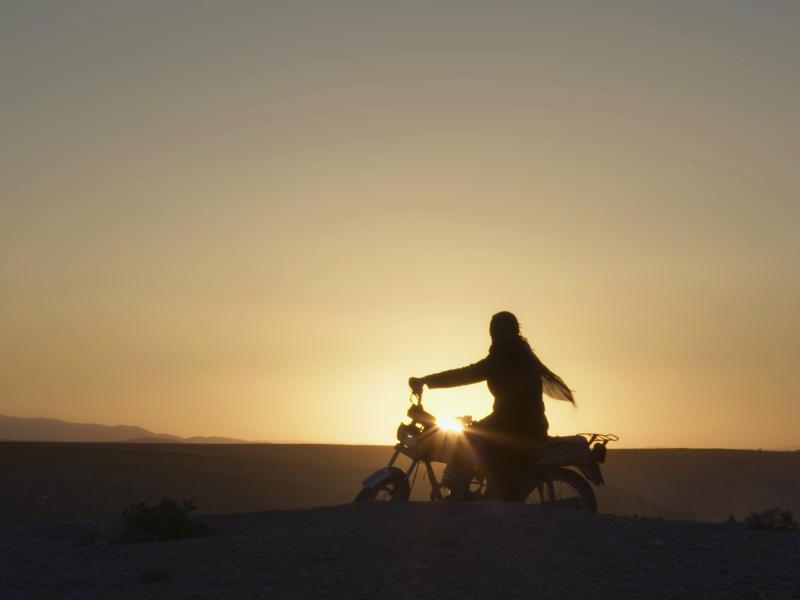 Billede af hovedpersonen fra filmen på en motorcykel i solnedgangen.